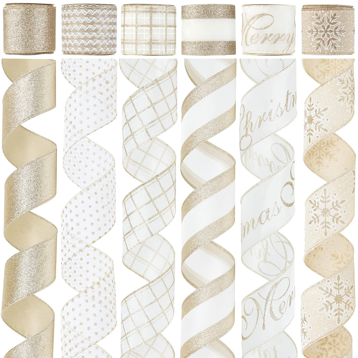 Champagne Gold Christmas Tree Ribbon - 6 Rolls, 36 Yards, Wired, Glitter, Ivory And Gold, For Wreaths, Bows, Christmas Decor