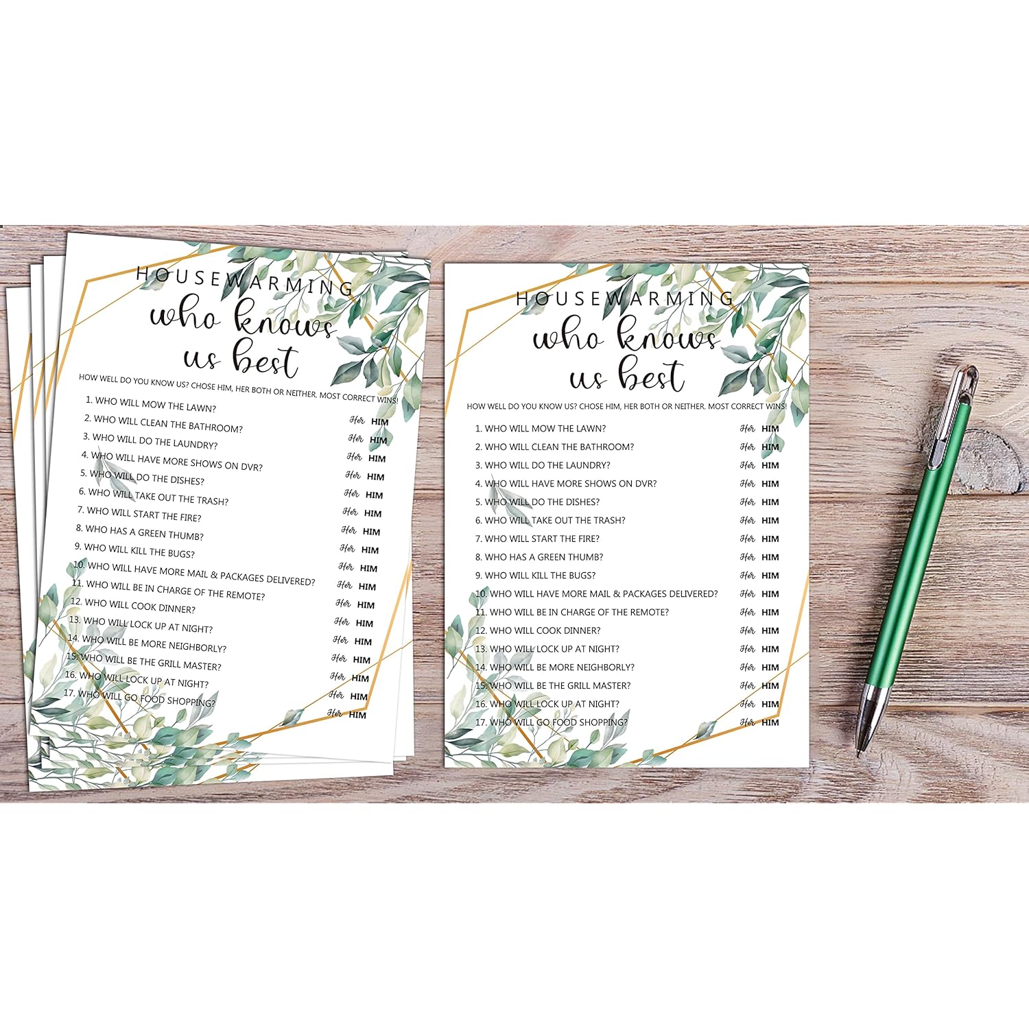 Housewarming Party Games, Who Knows Us Best, Greenery New Home, New House, New Homeowner Party Games Cards, 30 Sheets Each Pack