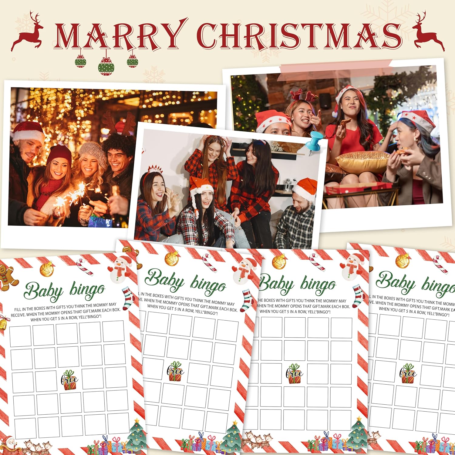 Christmas Baby Shower Games For Boy Girl - Christmas Holiday Gender Reveal Games - Winter Baby Shower Game - 25 Cards (Xmas001)