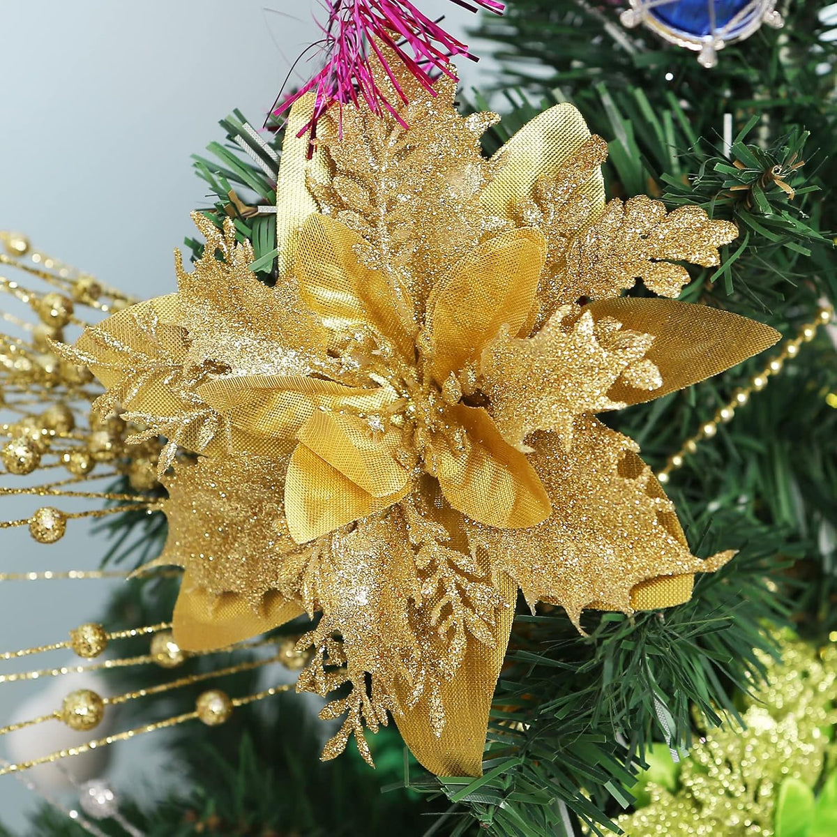 12 Pcs Poinsettia Artificial Christmas Flowers Decorations With Clips And Stems Glitter Christmas Poinsettia Decorations For Xmas Tree Ornaments Winter Party Wreath Decoration (Bright Golden)