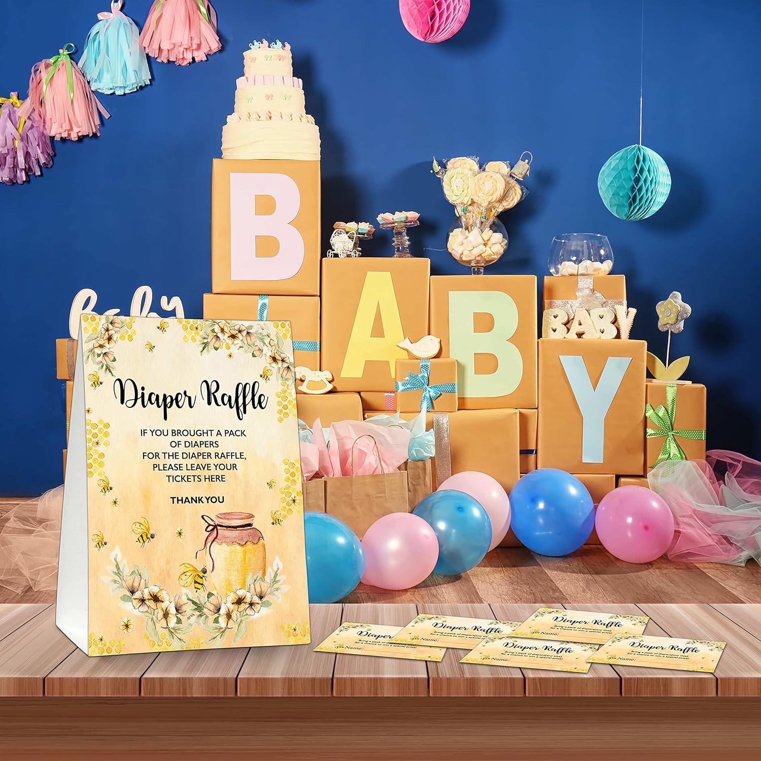 Diaper Raffle Party Games, Honey Bee Baby Shower Game, Floral Themed Baby Gender Reveal Party Supplies & Activities -1 Double Sided Standing Sign + 50 Guessing Cards (A09)