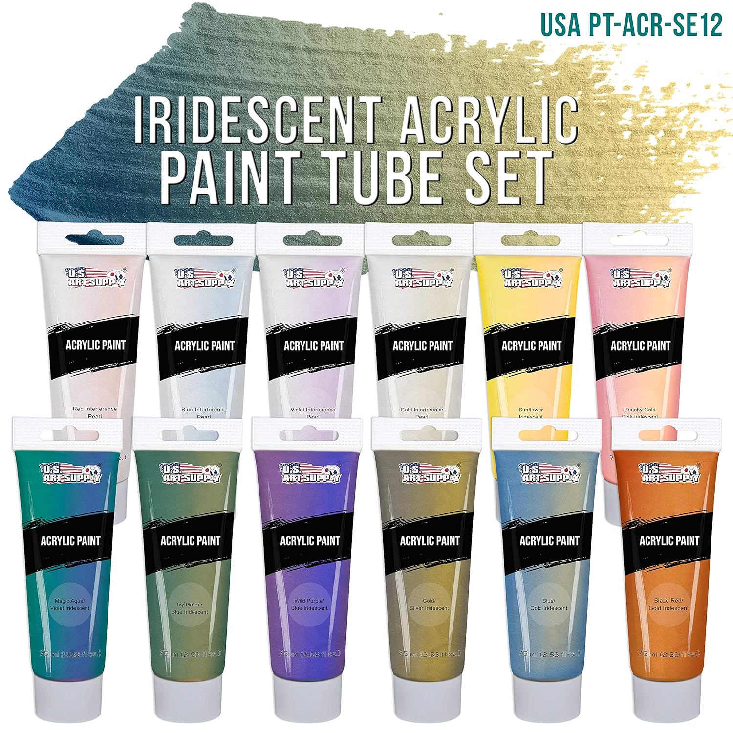 12-Color Iridescent Acrylic Paint Set Large 75Ml Tubes - Luminescent, Chameleon, Color-Shifting Pearl Colors, Crafting Paints - Iridescent Paint Acrylics For Canvas, Wood, Rock, Paper