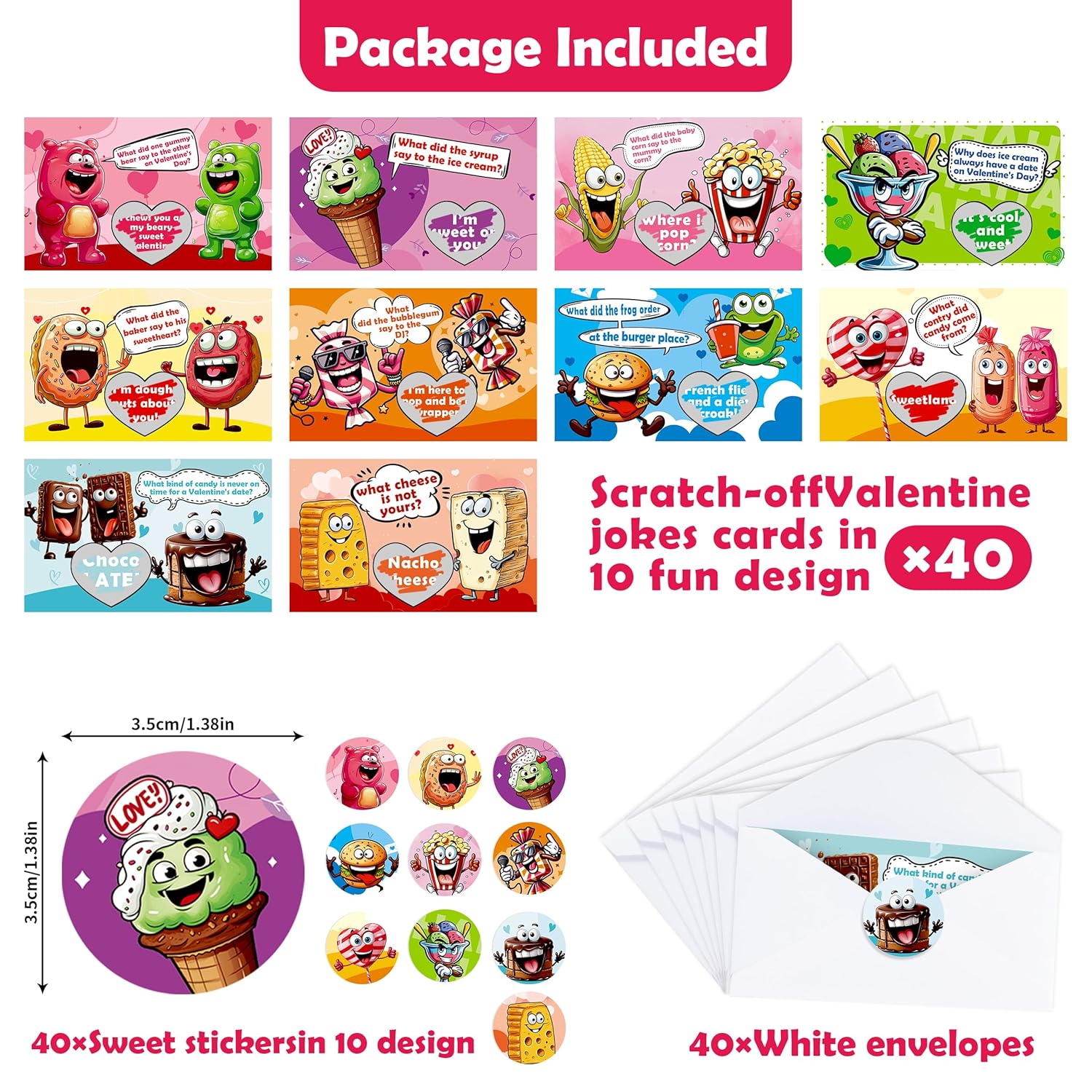40 Pack Scratch-Off Valentine Jokes Cards For Kids With Envelopes Stickers Snack Valentine'S Day Exchange Cards Jokes For School Classroom Chocolate Donut Ice Cream Exchange Gift Games Party Favor