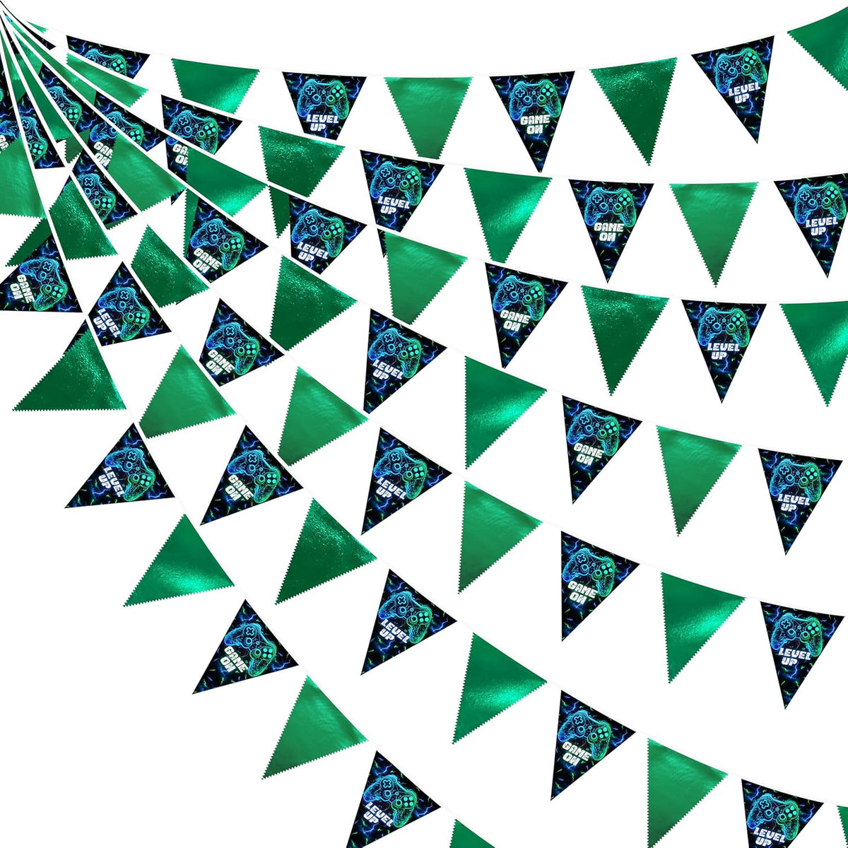 32Ft Video Game On Party Decorations Metallic Green Blue Black Gaming Fabric Pennant Banner Triangle Flag Garland Streamer For Gamer Birthday Video Game Baby Shower Outdoor Gaming Party Supplies
