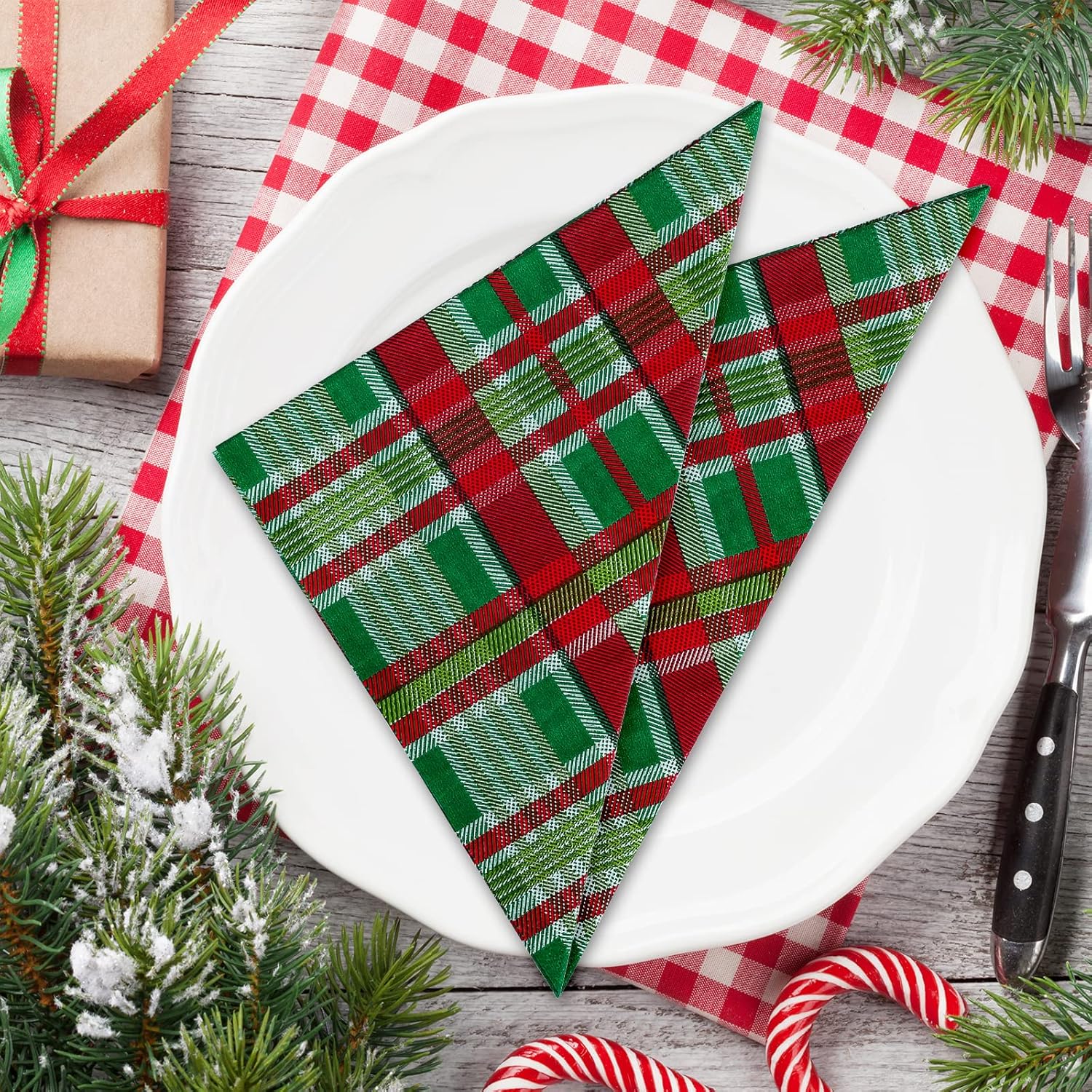 100 Pack Christmas Paper Napkins Buffalo Plaid Pattern Disposable Napkins Christmas Red Green Checkered Decorative Napkins For Christmas Holiday Dinner Party Supplies, 6.5 X 6.5 Inch