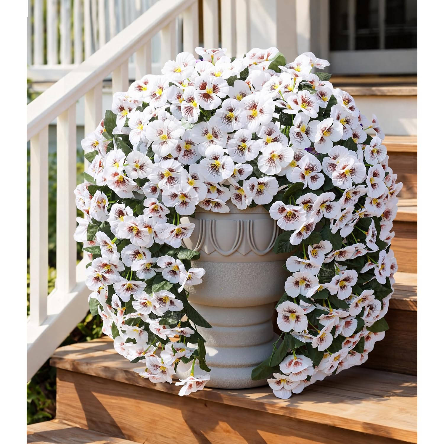 Artificial Flowers For Outdoors 2Pcs Faux Silk Pansy Vines Lush Uv Resistant Fake Hanging Flower Plants For Outside Porch Yard Patio Window Box (White)
