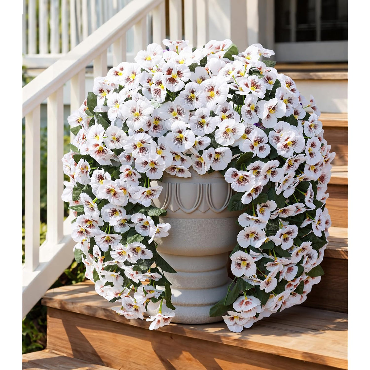 Artificial Flowers For Outdoors 2Pcs Faux Silk Pansy Vines Lush Uv Resistant Fake Hanging Flower Plants For Outside Porch Yard Patio Window Box (White)