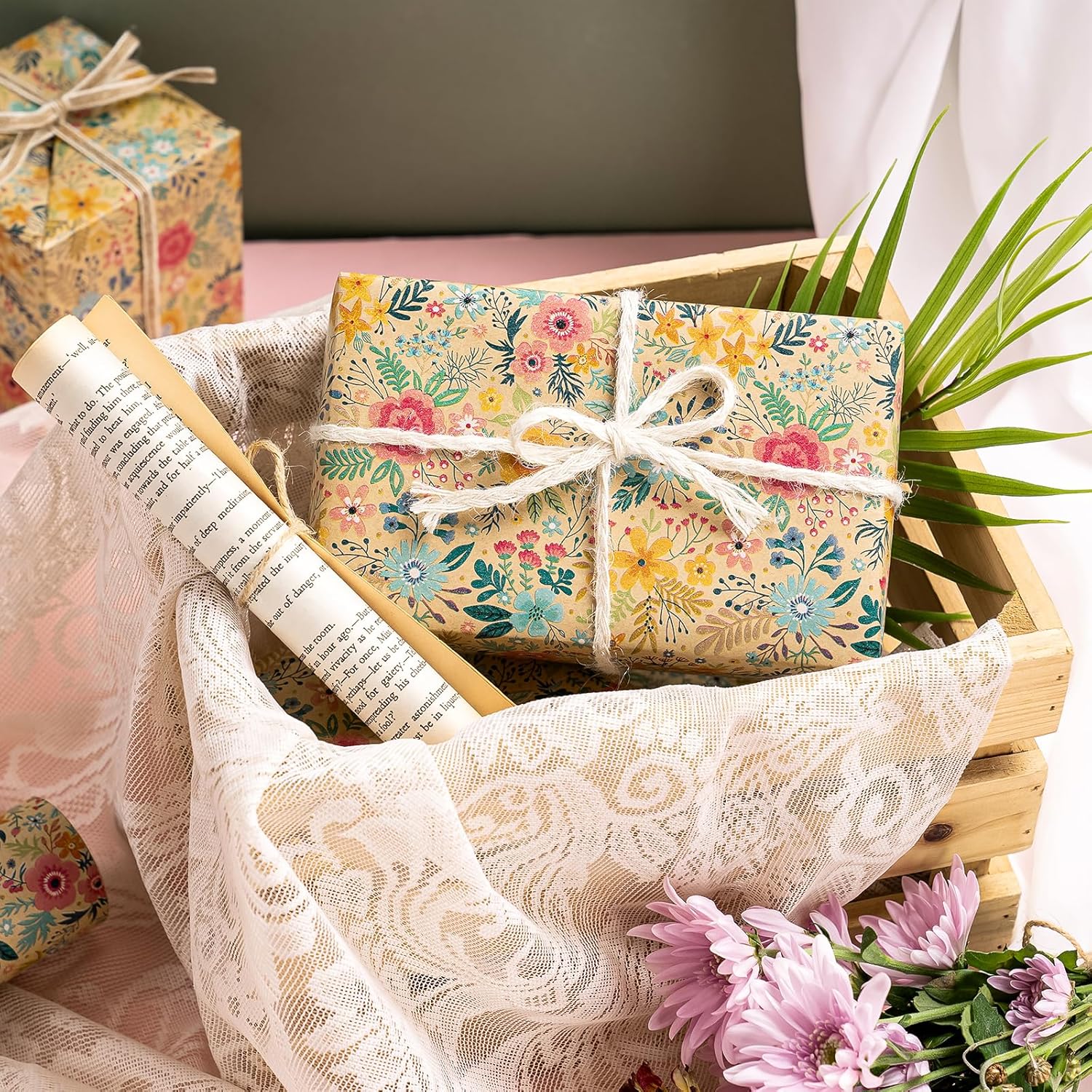 Kraft Floral Wrapping Paper Roll - Mini Roll - 17 Inch X 9.8 Feet - Spring Summer Garden Flower Design Perfect For Wedding, Bridal Shower, Birthday