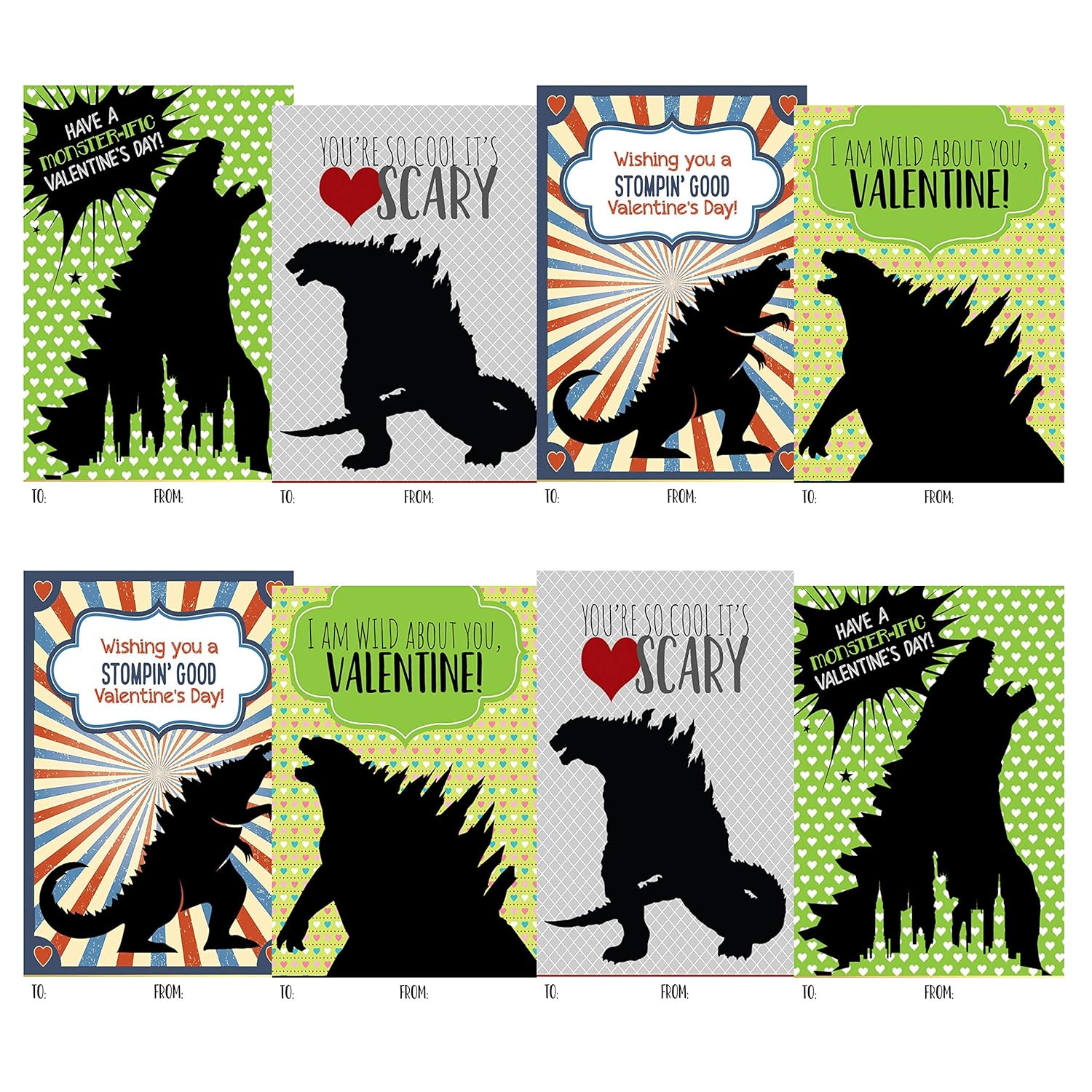 Monster Zilla Themed Valentines Day Card For Kids School Classroom Exchange (Set Of 24) Sharing Gift Giving Valentine'S Children