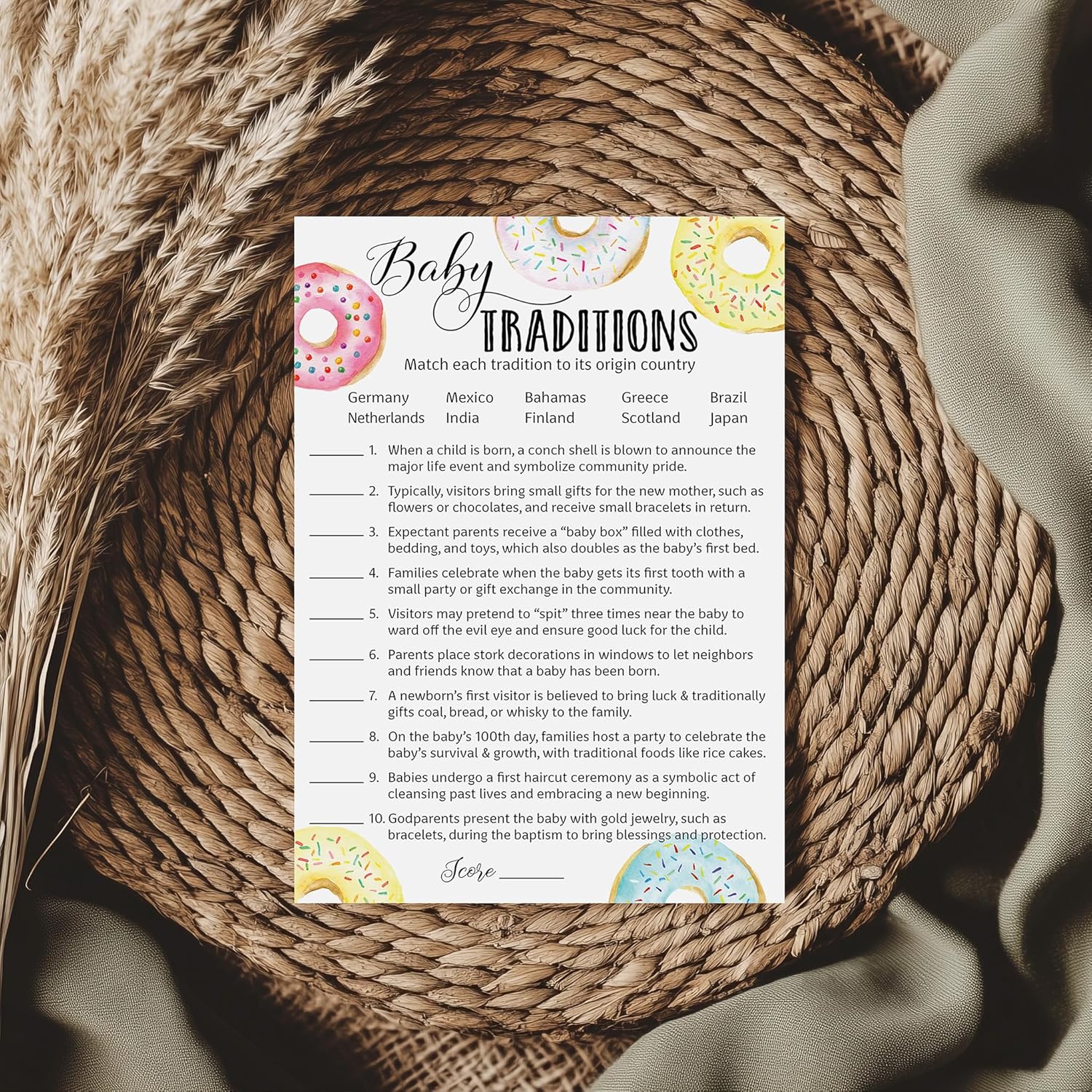 Donut Baby Shower Games — Baby Traditions Around The World Game — Pack Of 25 — Fun Facts Doughnut Theme Shower Activity Trivia Girl Or Boy Gender Neutral Pink Or Blue Couples Shower Reveal G850-Btw