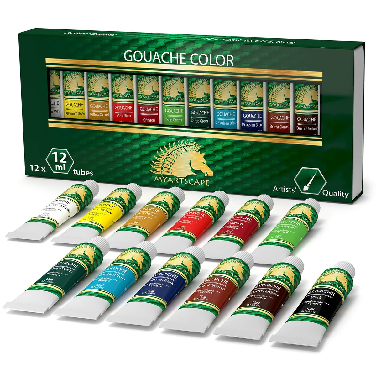Gouache Paint Set - 12 X 12Ml Tubes - Artist Quality - Lightfast - Premium Vibrant Colors - Fade-Proof - Rewettable - High Pigment Load - Professional Painting Supplies