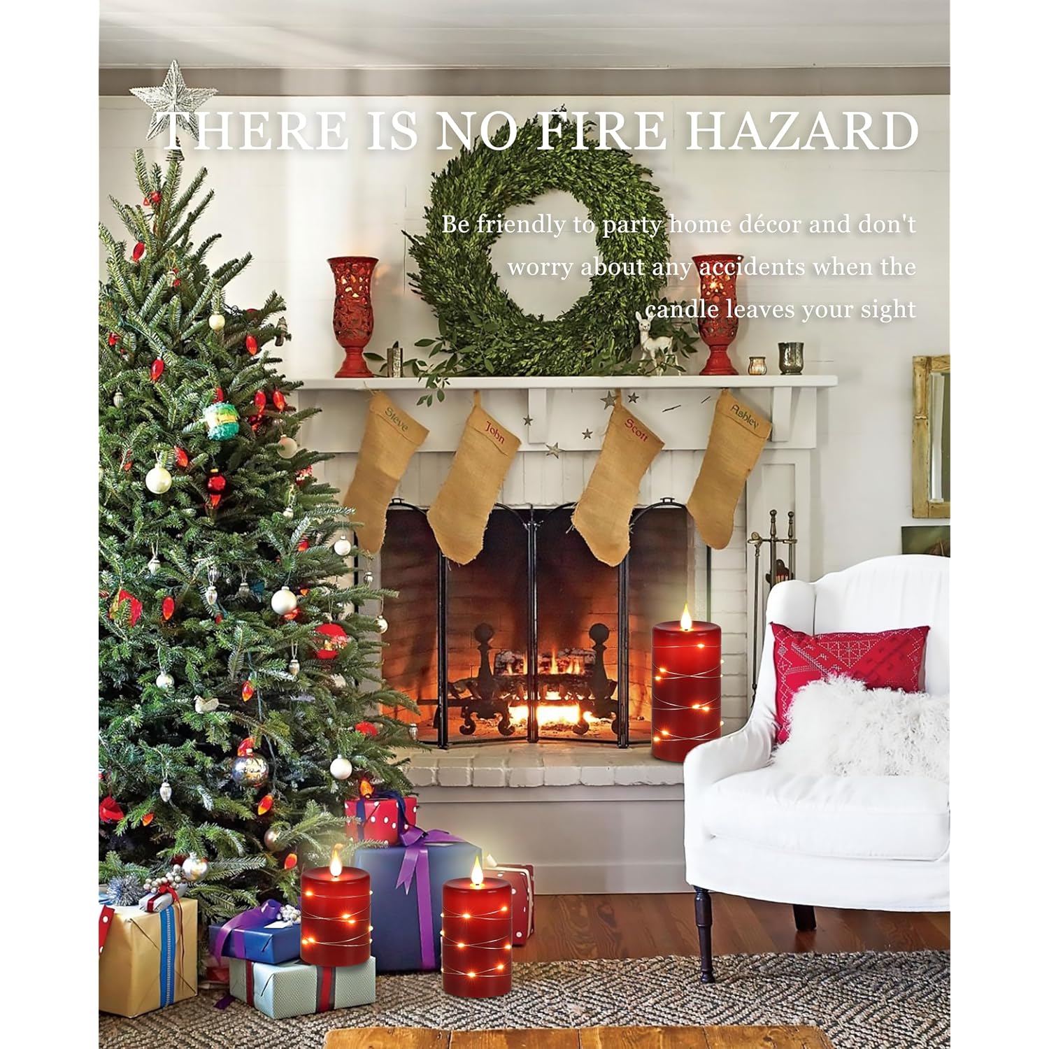 Red Flameless Candles With Remote Control Timer Battery Operated Led Pillar Candles 4‘’ 5‘’ 6‘’ Fake Candles With String Lights Set Of 3 For Christmas Or Special Festivals Decorations