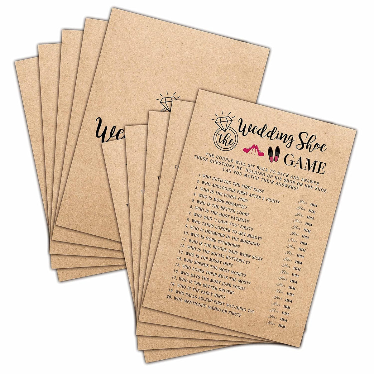 Bridal Shower Game Set - Wedding Shoe Party Game Cards For Wedding - Kraft Rustic Wedding Party Favor Decor - Unique Engagement/Bachelorette Party Games Supplies & Activities - 30 Game Cards(E03)