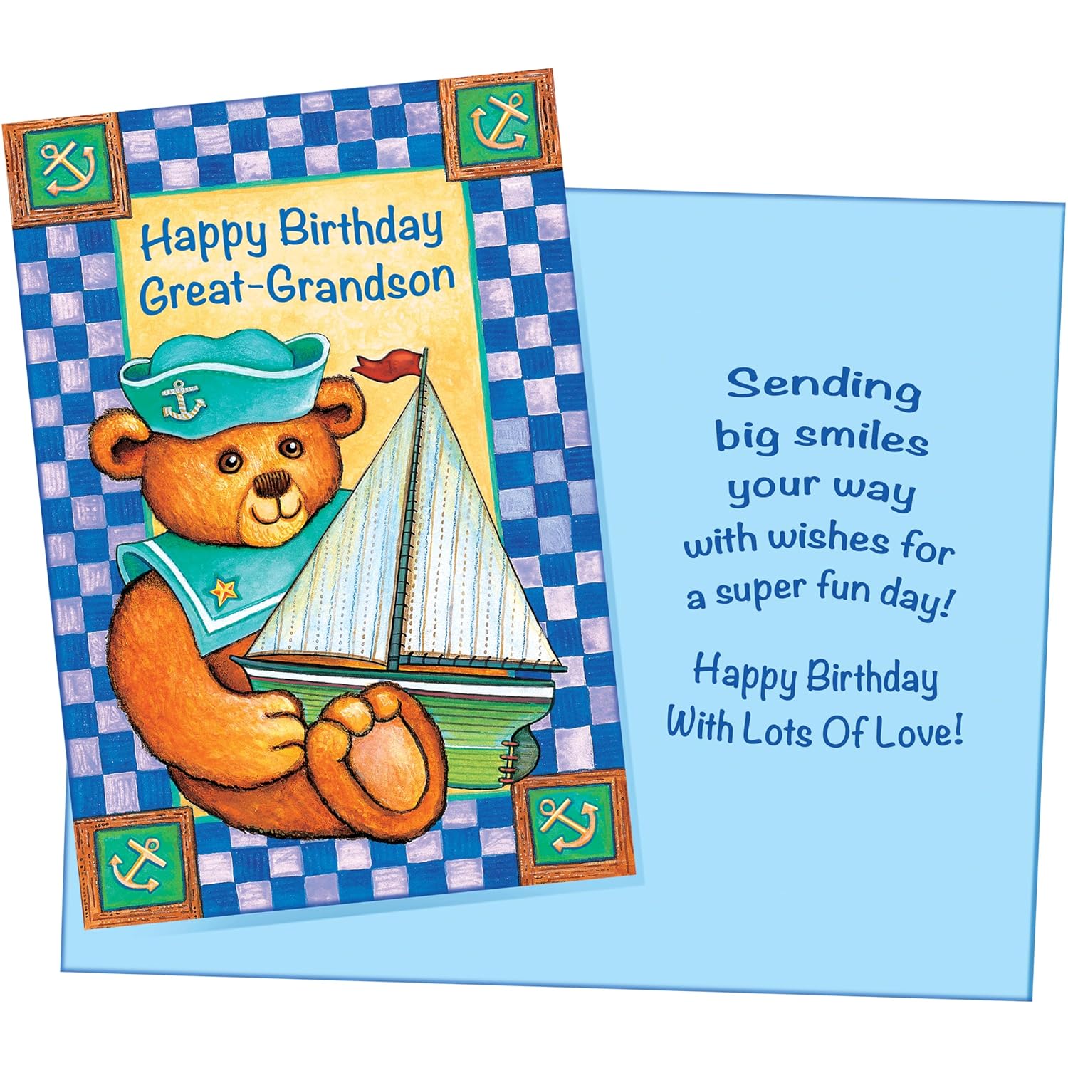 Birthday Card For Great Grandson - Large Size Opens To 10" X 7.75" - Made In Chicago - Cute Teddy Bear - Premium Envelope & Sturdy Mailer - 95817