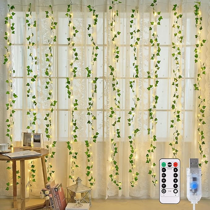 200 LED Ivy Vine Fairy Lights with Remote 6.5FT x 6.5FT Artificial Leaf String Lights for Bedroom Wall Curtain Wedding Party Christmas Indoor Decor