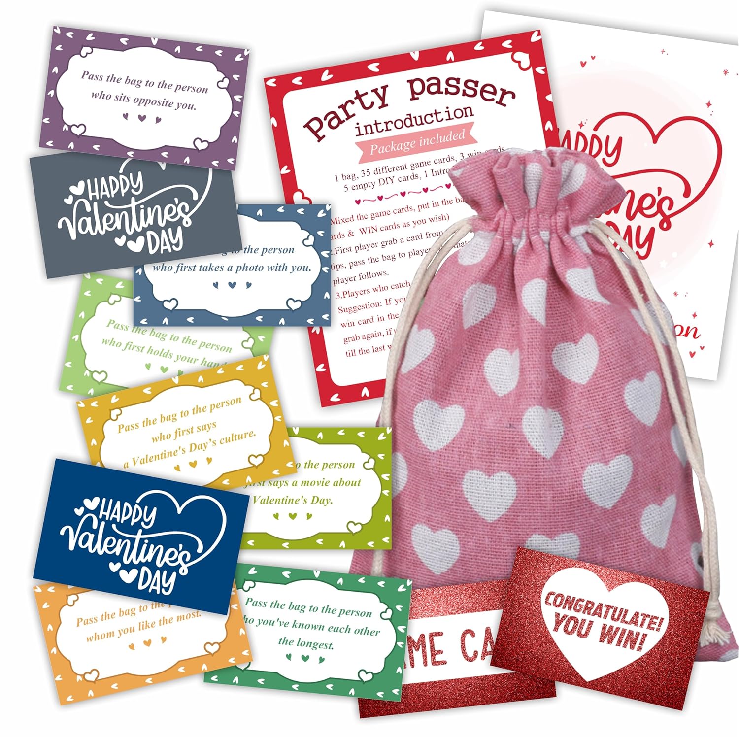 Valentine'S Day Pass The Bag Game - 44 Game Cards & 1 Pink Pass Bag With Heart Design - Valentines Group Activity & Gathering Prize Game, Party Game - Home & Office Party Favor - A04