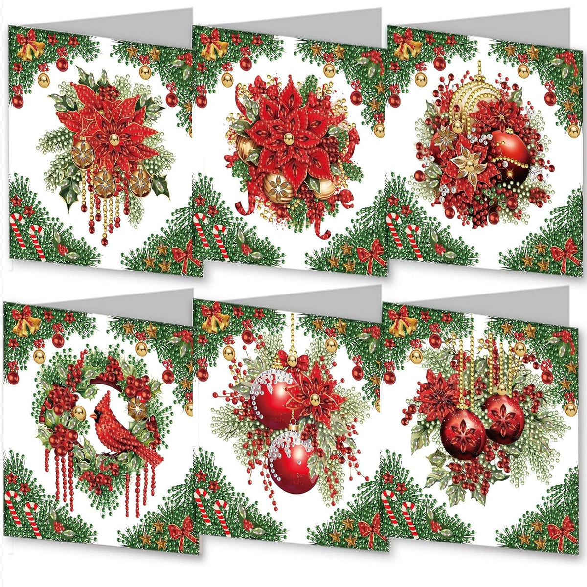 Christmas Diamond Art Painting Greeting Cards With Envelopes, 5D Diy Wreath Greeting Cards Diamond Art Kits Present-15-Poinsettia