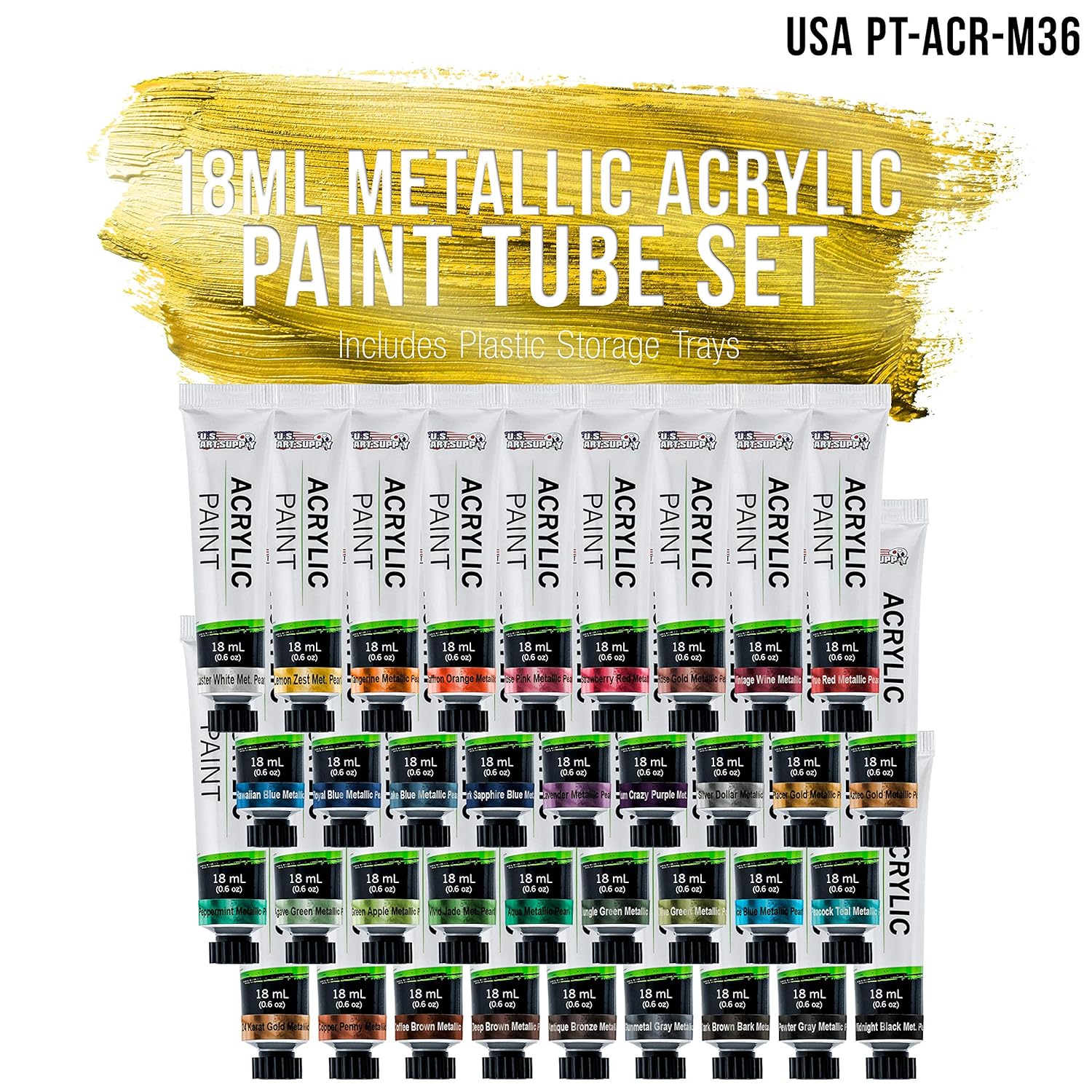 36-Color Metallic Acrylic Paint Set - 18Ml Tubes - Acrylic Paint For Canvas Painting, Wood Crafts & Rock Painting - Color Mixing Wheel