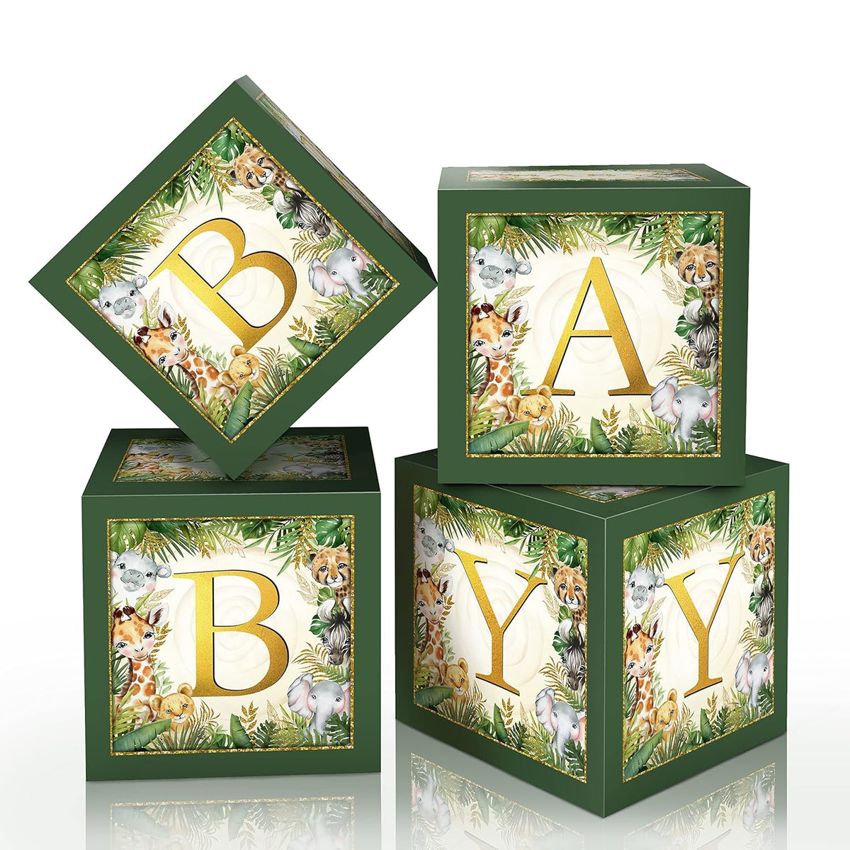 Jungle Safari Baby Boxes With Letters For Baby Shower Decorations - Animal Theme Decor Balloon Blocks For Safari Baby Shower, Gender Reveal, Birthday Party Supplies (Boy/Girl)