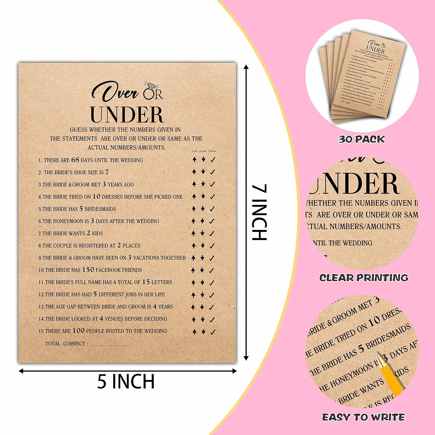Bridal Shower Game Set - Over Or Under Cards For Wedding - Kraft Rustic Wedding Party Favor Decor - Unique Engagement/Bachelorette Party Games & Activities - 30 Game Cards(E04)