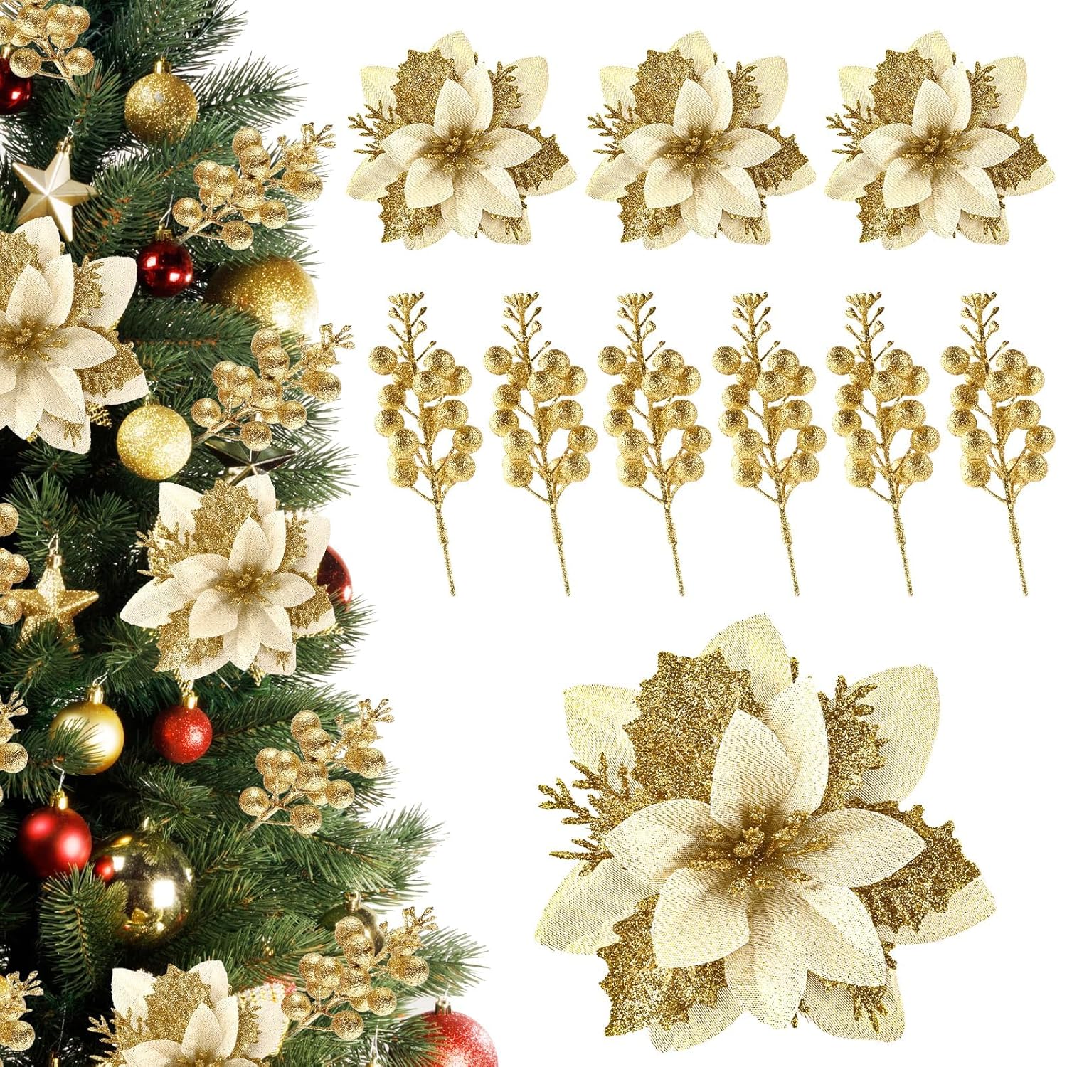 24Pcs Gold Poinsettia Flowers Artificial With Clips And Stems, Glitter Berry Stems For Christmas Tree Picks And Sprays Decorations, Large Xmas Tree Filler Garland Ornaments