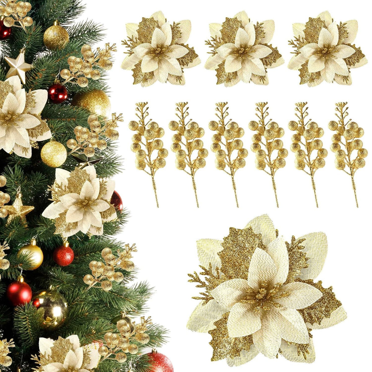 24Pcs Gold Poinsettia Flowers Artificial With Clips And Stems, Glitter Berry Stems For Christmas Tree Picks And Sprays Decorations, Large Xmas Tree Filler Garland Ornaments