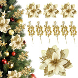 24Pcs Gold Poinsettia Flowers Artificial With Clips And Stems, Glitter Berry Stems For Christmas Tree Picks And Sprays Decorations, Large Xmas Tree Filler Garland Ornaments