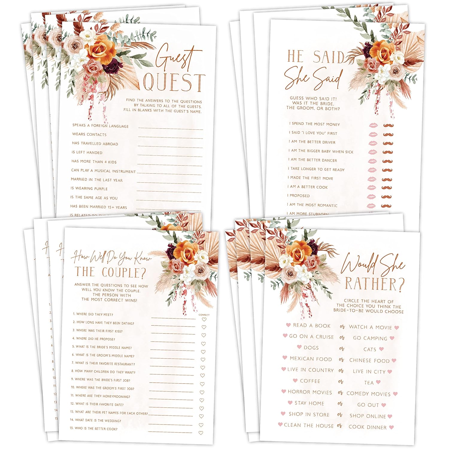 Fun Bridal Shower Games – Boho Floral Terracotta Orange Wedding Activities Set, 25 Double-Sided Cards, Includes Guest Quest, He Said She Said, Would She Rather, And How Well Do You Know The Couple