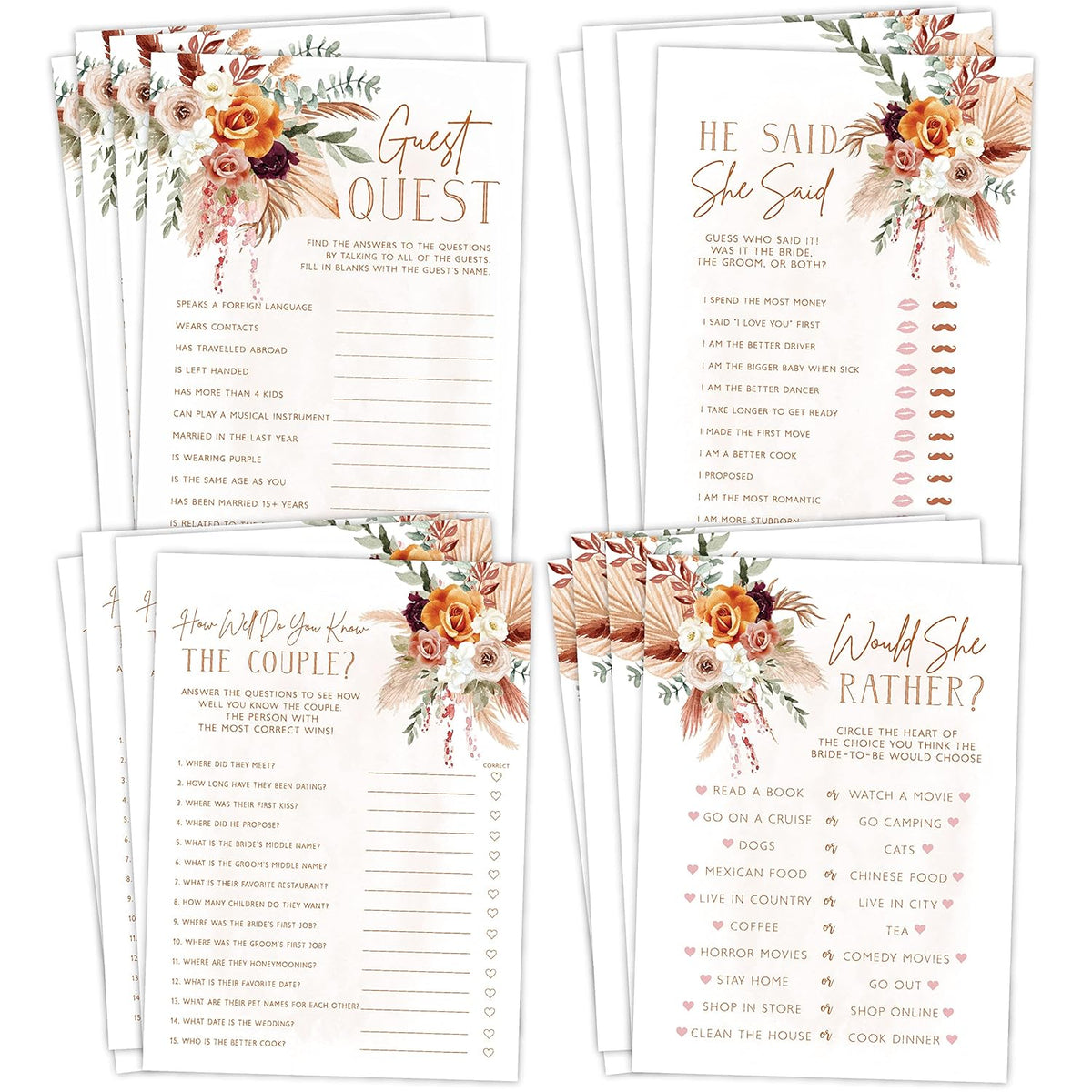 Fun Bridal Shower Games – Boho Floral Terracotta Orange Wedding Activities Set, 25 Double-Sided Cards, Includes Guest Quest, He Said She Said, Would She Rather, And How Well Do You Know The Couple