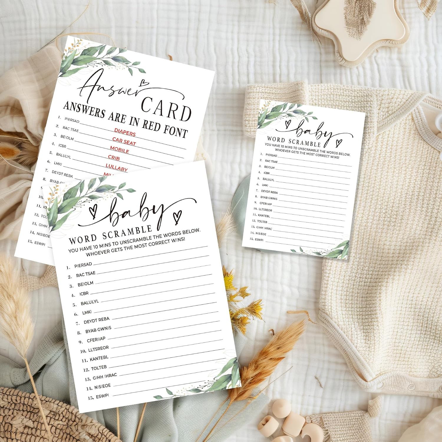 Word Scramble Game Kit For Baby Shower - 30 Greenery And White Cards With Answer Card For Girl Or Boy - Gender Reveal, Announcement, Party Favor, Decorations & Supplies-B14