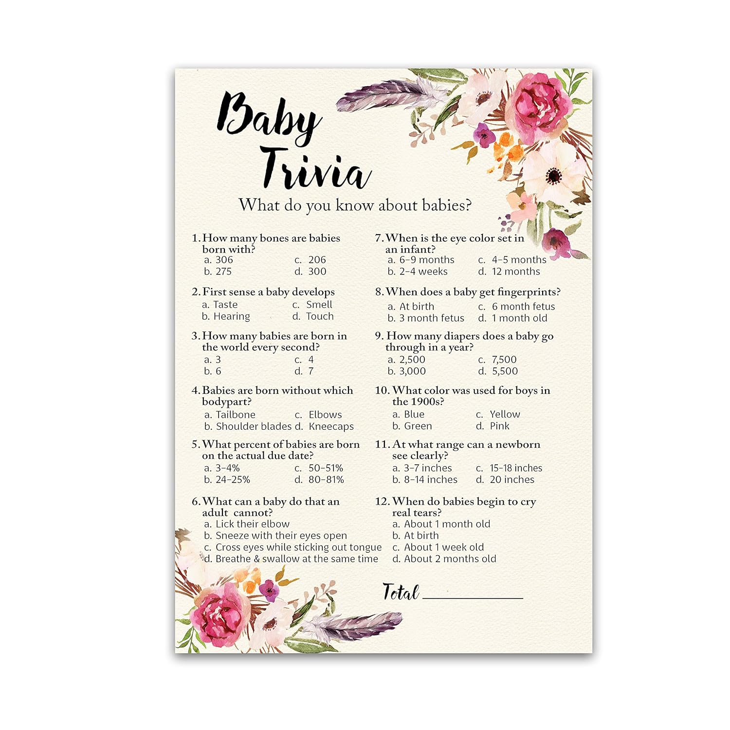 Bohemian Theme Baby Shower Games — Boho Baby Trivia Game — Pack Of 25 — Fun Facts Girl Pink Floral Feather Rustic Chic Co-Ed Couples Shower Activity Gender Reveal Party G400-Trv