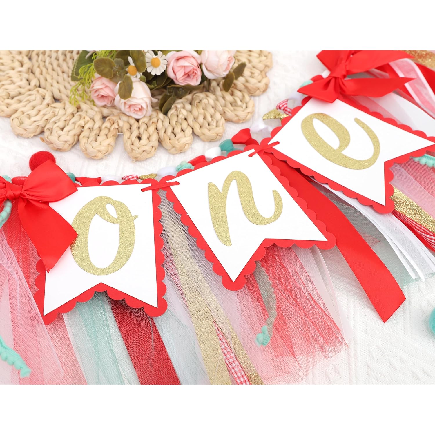 Christmas High Chair Banner - Red & Green, 1St Birthday Decoration For Girls, Tulle & Ribbon High Chair Decorations
