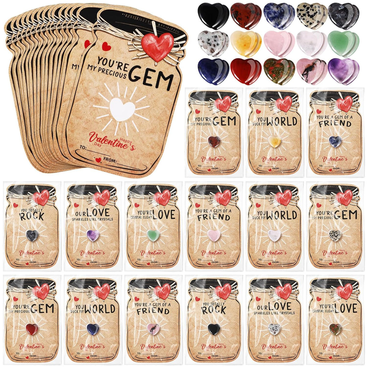 Valentines Day Gifts, 30 Pack Valentines Cards With Heart-Shape Gems, Valentine Crystals Rock Gift Exchange For Party Favor