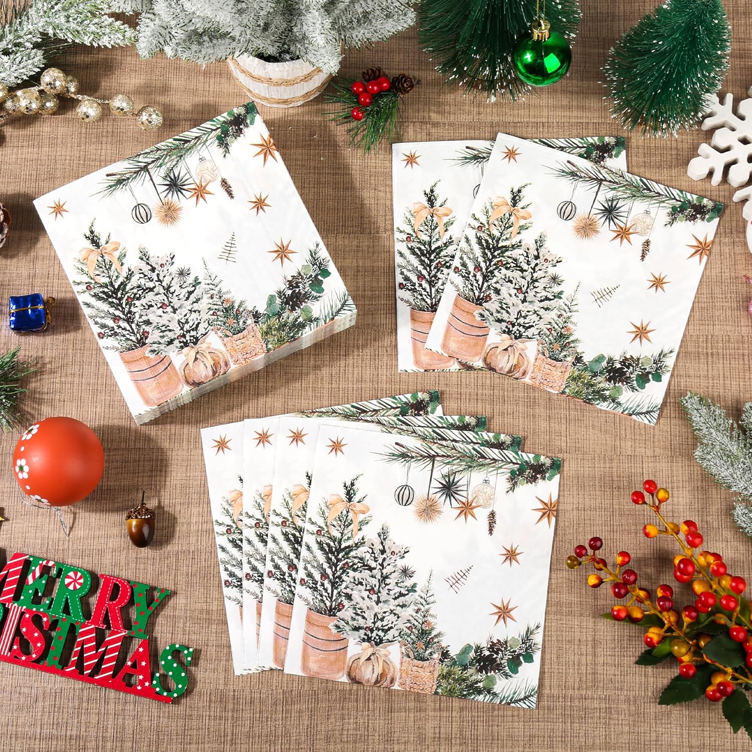 100Pcs Xmas Trees Holly Pine Cone Paper Napkins Winter Greenery Disposable Party Napkin 6.5" Christmas Cozy Boho Luncheon Hand Towel For Decoupage Holiday Party Table Decor