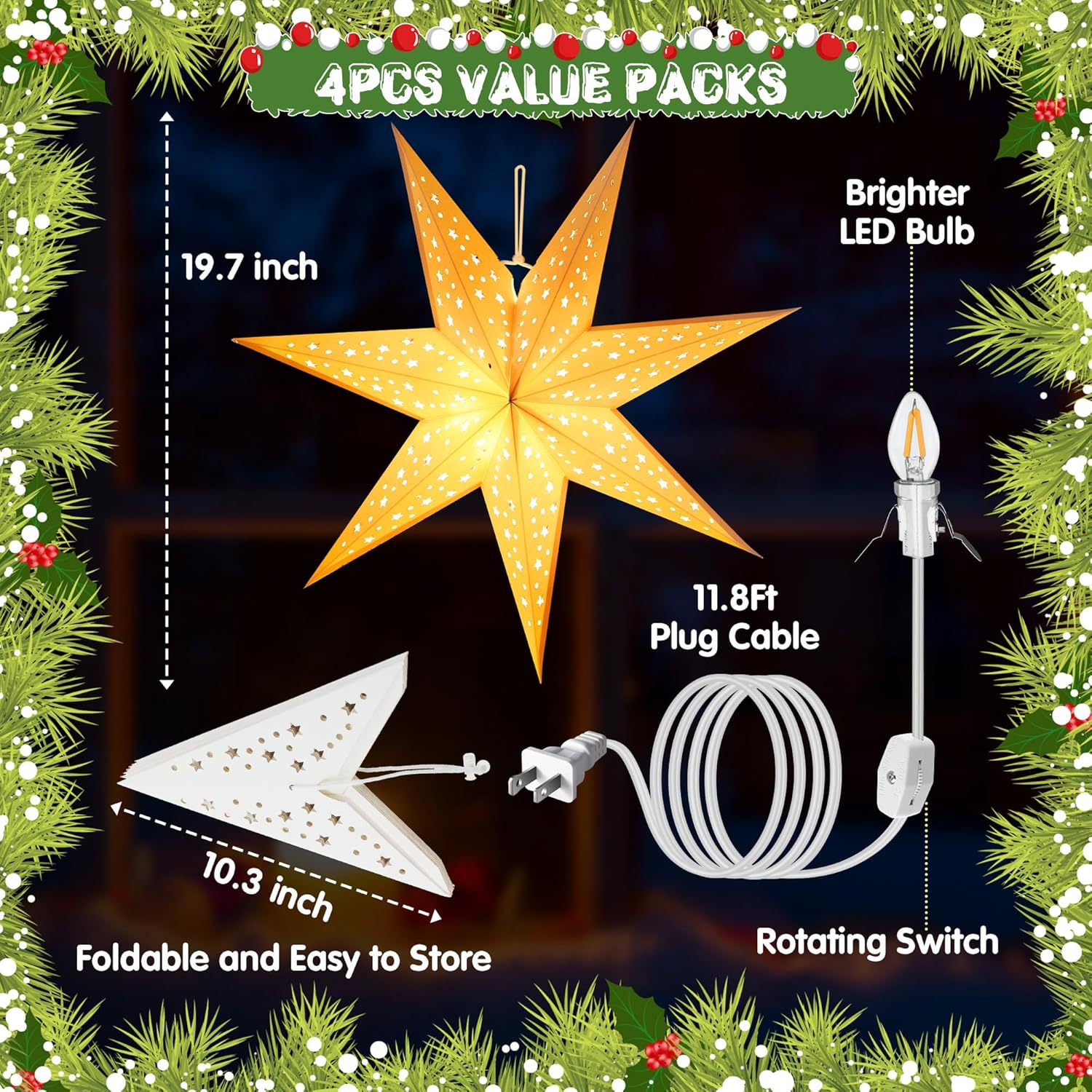 2 Pack 20 Inch Paper Star Lanterns, Star Paper Light Christmas Decor, 7 Points Warm White Led Star Light With Plug, Coll
