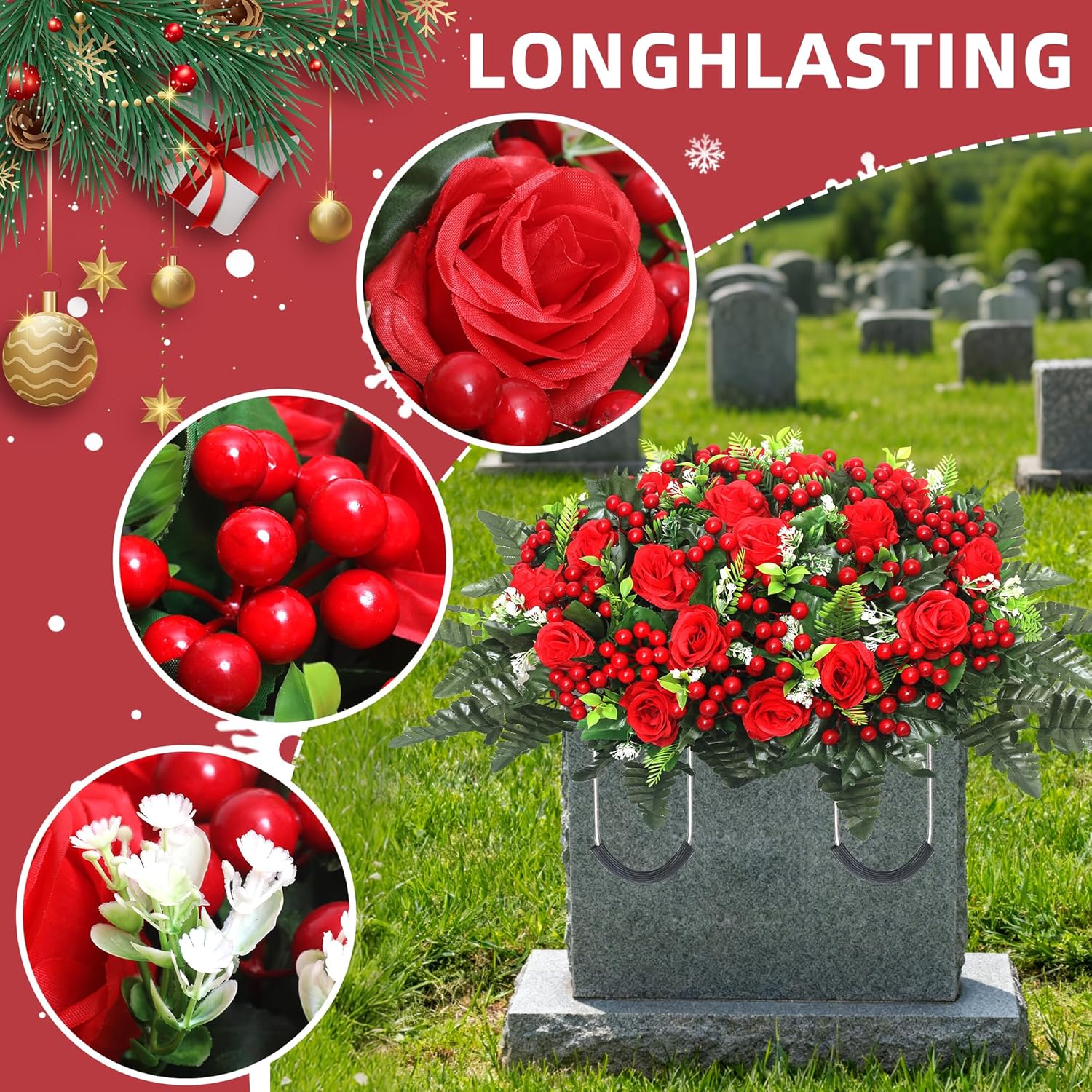 Christmas Artificial Cemetery Flowers,Artificial Cemetery Flowers Saddle For Outdoor Gravesite Tombstone Decorations,Roses And Artificial Red Berries Stems Ornaments