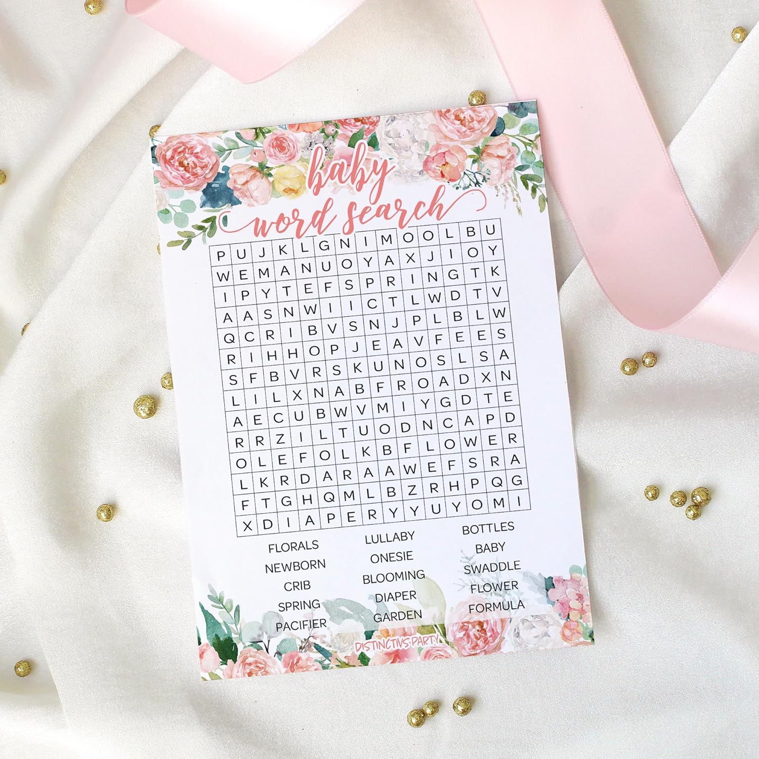 Baby In Bloom Baby Shower Word Search, Pink Floral Boho Girl Game Cards – 20 Count