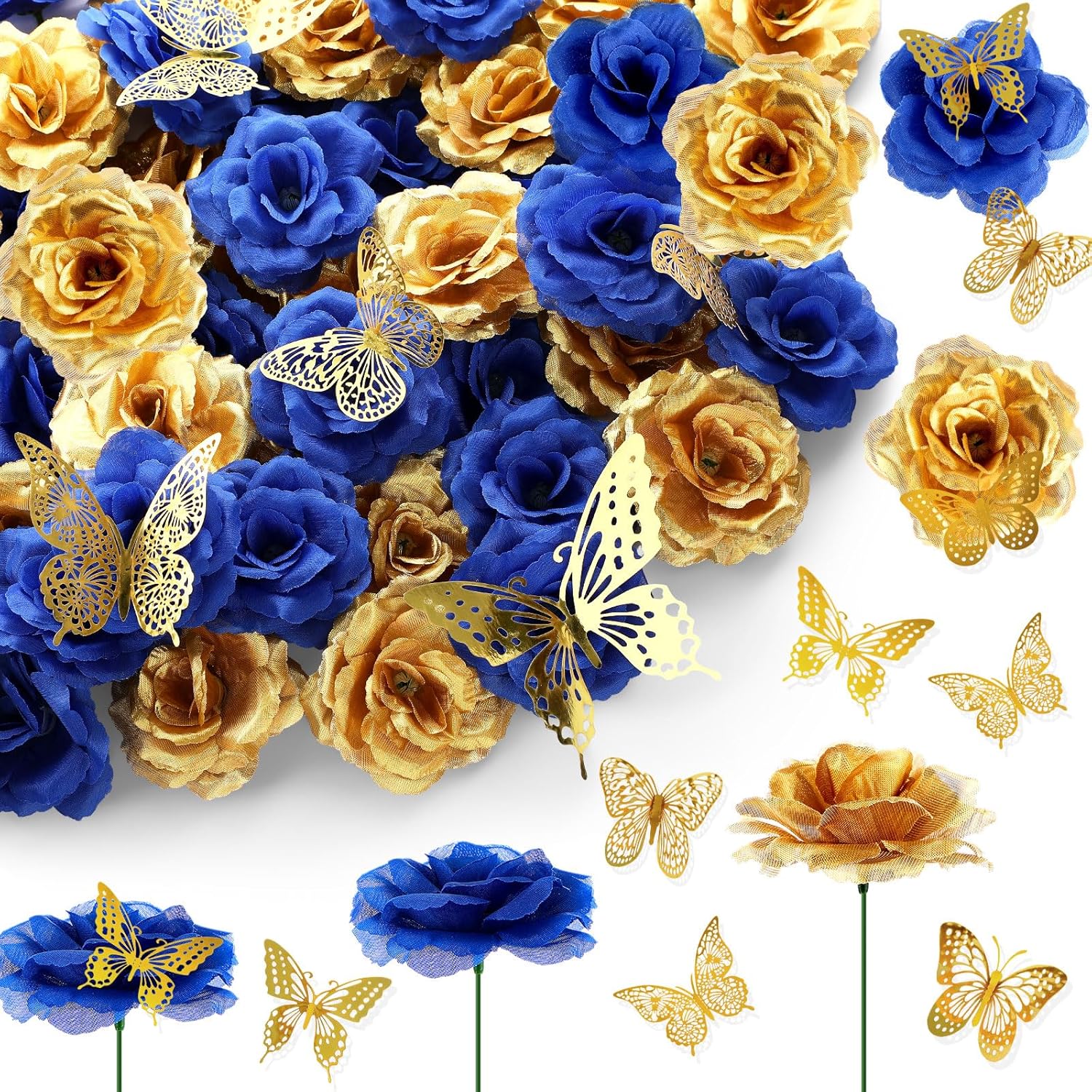 296 Pcs Faux Roses With Stem And 3D Butterfly Decorations Artificial Flowers Bulk Stemless Fake Silk Roses For Wedding Party Baby Shower Diy Home Decor(Blue, Gold)