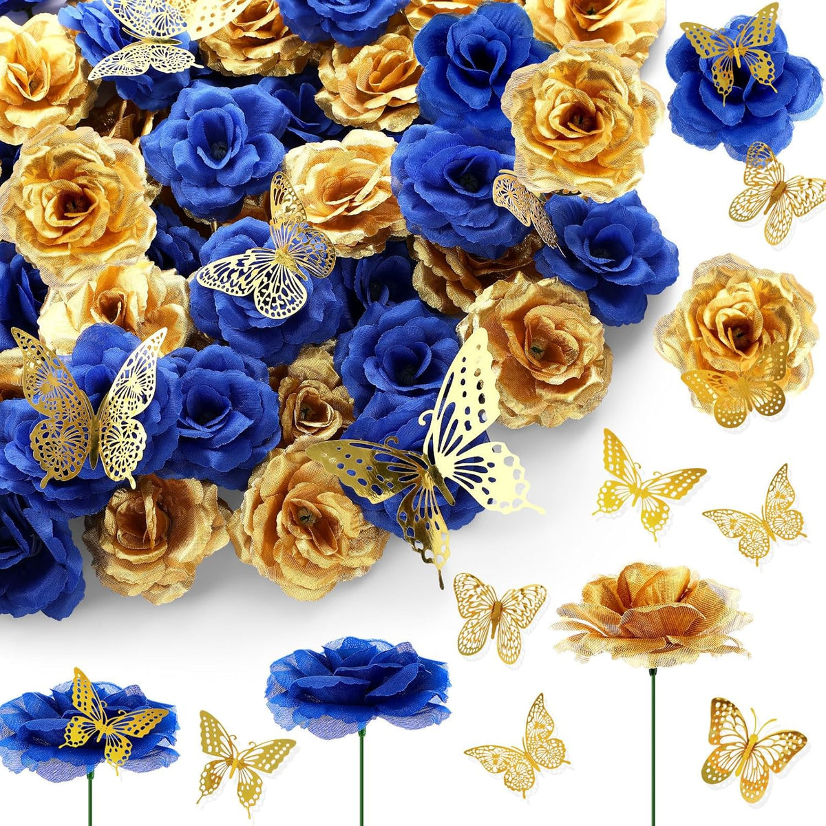 296 Pcs Faux Roses With Stem And 3D Butterfly Decorations Artificial Flowers Bulk Stemless Fake Silk Roses For Wedding Party Baby Shower Diy Home Decor(Blue, Gold)