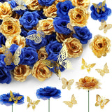 296 Pcs Faux Roses With Stem And 3D Butterfly Decorations Artificial Flowers Bulk Stemless Fake Silk Roses For Wedding Party Baby Shower Diy Home Decor(Blue, Gold)