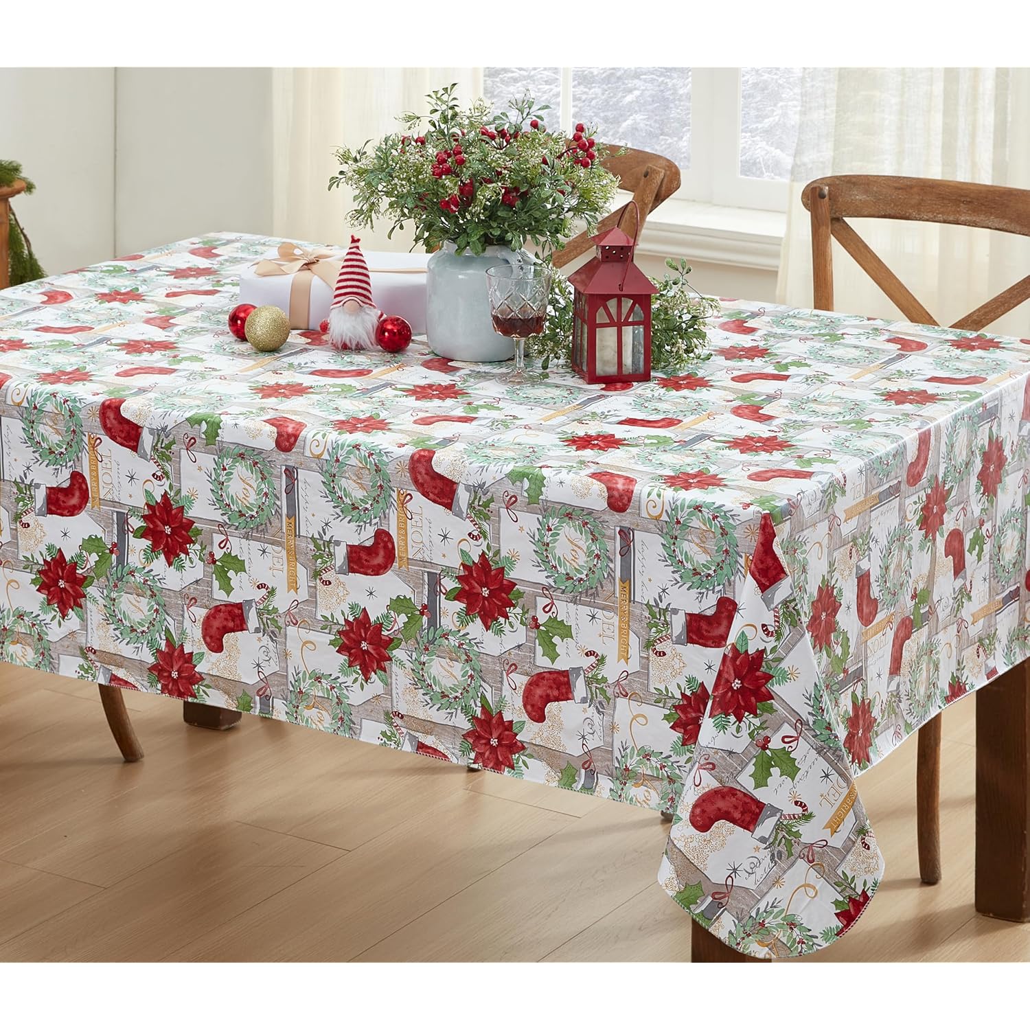 Merry Christmas Stocking Holiday Vinyl Tablecloth With Flannel Backing – Festive Wreaths, Poinsettias & Noel Script, Easy-Care Wipe Clean Table Cover, 60 X 120 Inch Rectangle