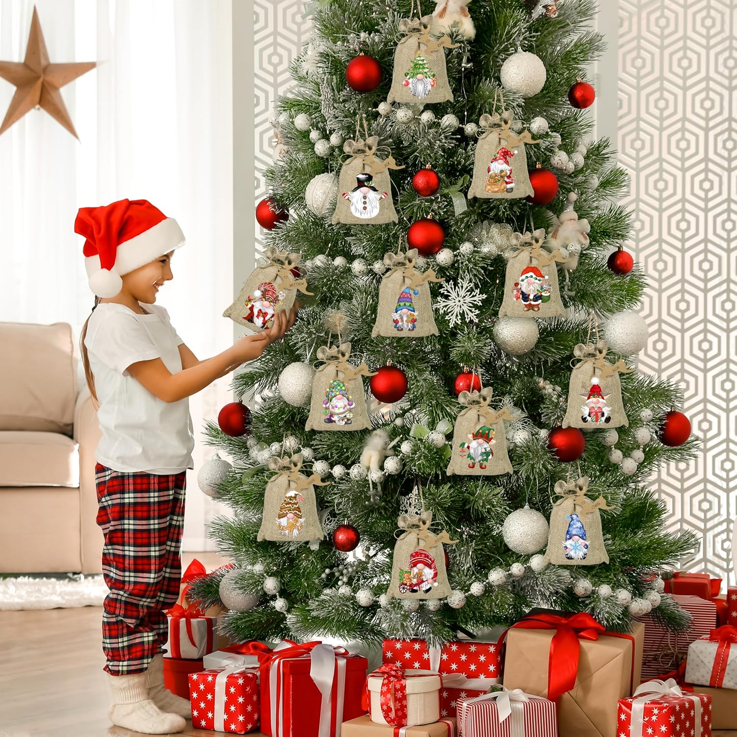 Christmas Burlap Gift Bags With Drawstrings 24Pcs, Watercolor 12 Designs Christmas Gnome Linen Wrapping Bags, Small Christmas Treat Candy Bags For Holiday Party Favor Supplies