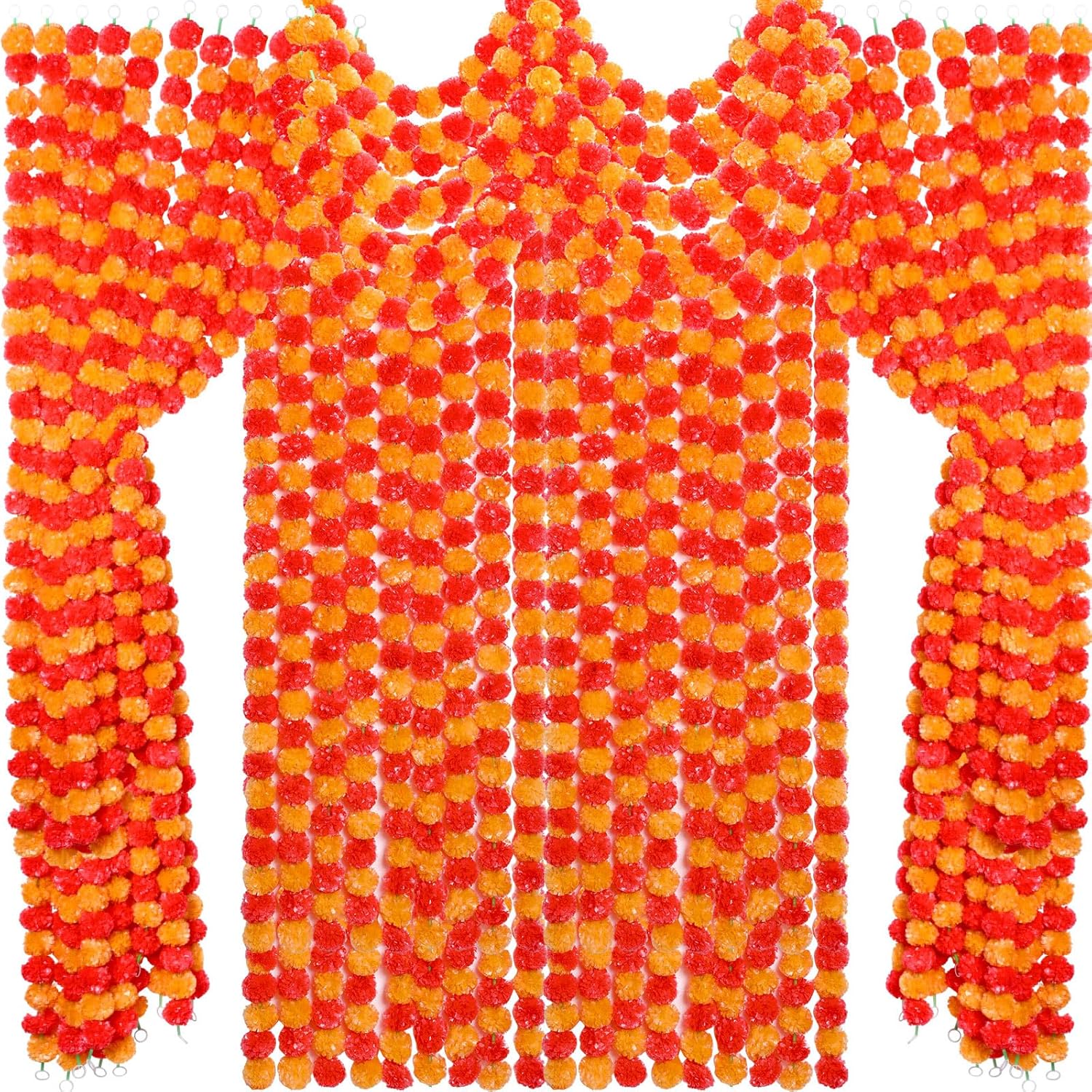 24 Pcs 5 Ft Long Strands Faux Artificial Marigold Flowers Garland For Wedding Party Mantle Decoration Faux Garlands Wedding Garland Diwali Decoration For Home Christmas (Red,Orange)