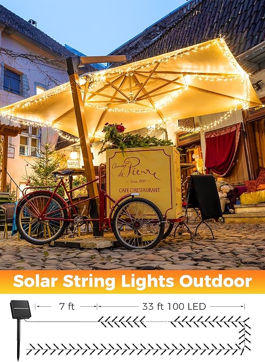 40FT Solar String Lights Outdoor Waterproof 100 LED Solar Powered Fairy Lights with 8 Lighting Modes IP65 Weather Resistant Warm White Lights for Garden Patio Tree Party Christmas Decor