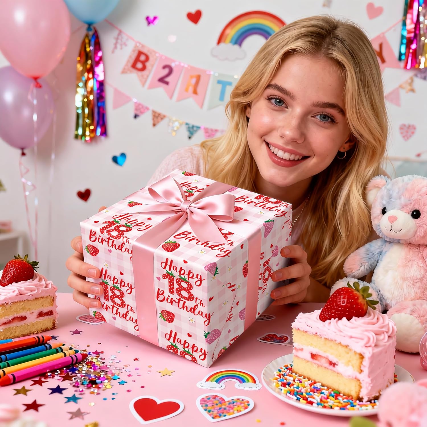 Happy 18Th Birthday Wrapping Paper Roll, Strawberry & Pink Gingham Gift Wrap For Girl’S Eighteenth Age18 Birthday Party, Gifts & Decorations, Mini Roll 17 In X 16.4 Ft