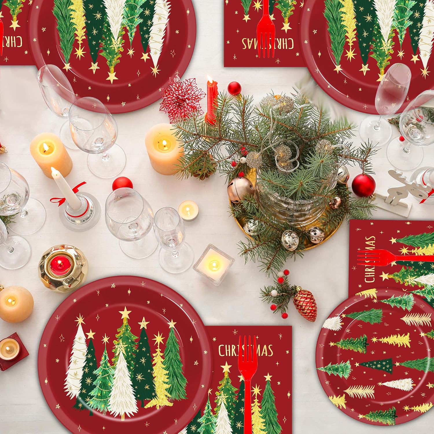 200Pcs Merry Christmas Plates And Napkins Red Green Tableware Set Xmas Trees Dinnerware Farmhouse Disposable Forks Paper Plates Napkins For Christmas Holiday Home Party Favor Supplies, 50 Guests
