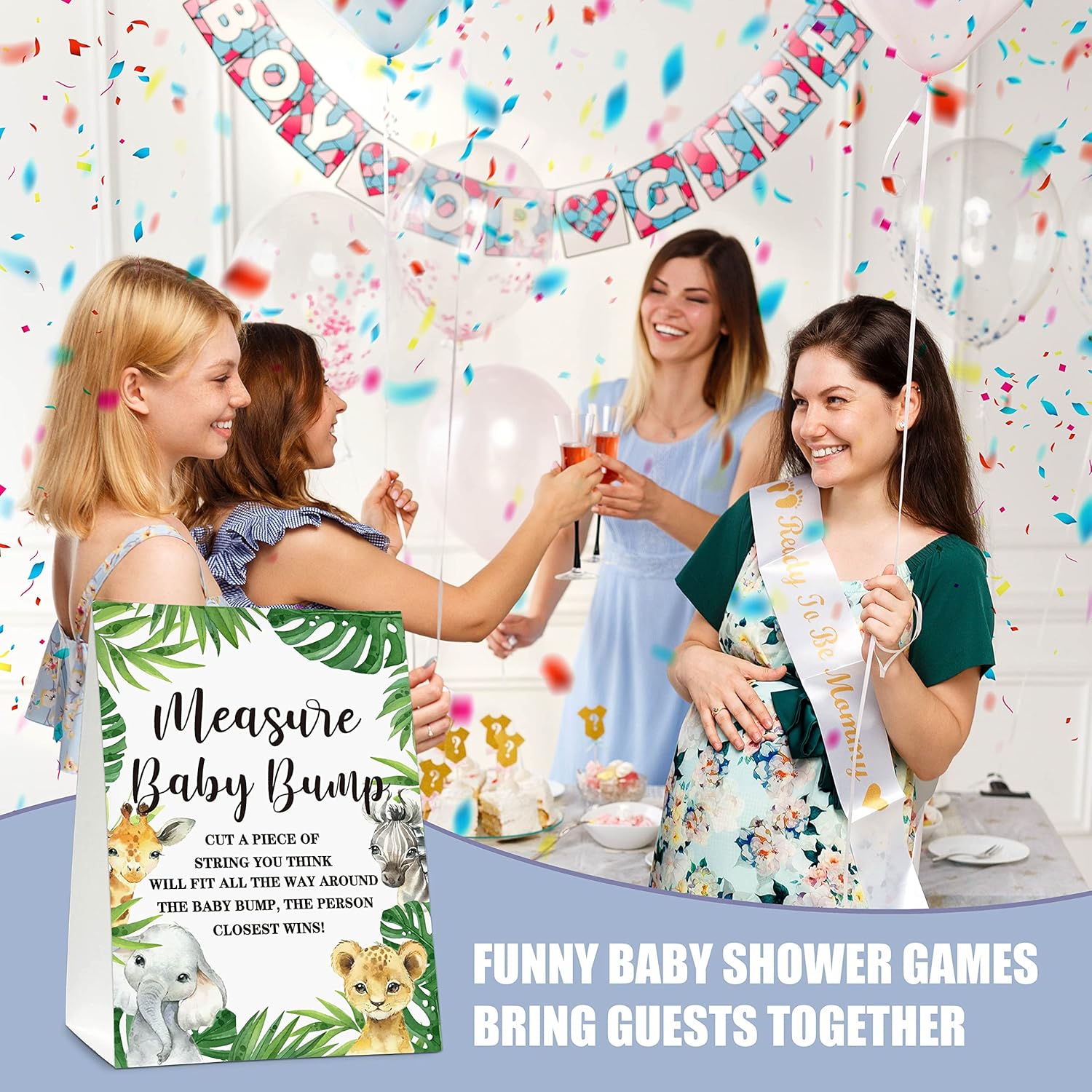 Jungle Animal Measure The Baby Bump Baby Shower Game Kit, How Big Is Mommy'S Belly Game-1 Standing Sign And 50 Guessing Cards For Gender Neutral Baby Shower-Lk-D02