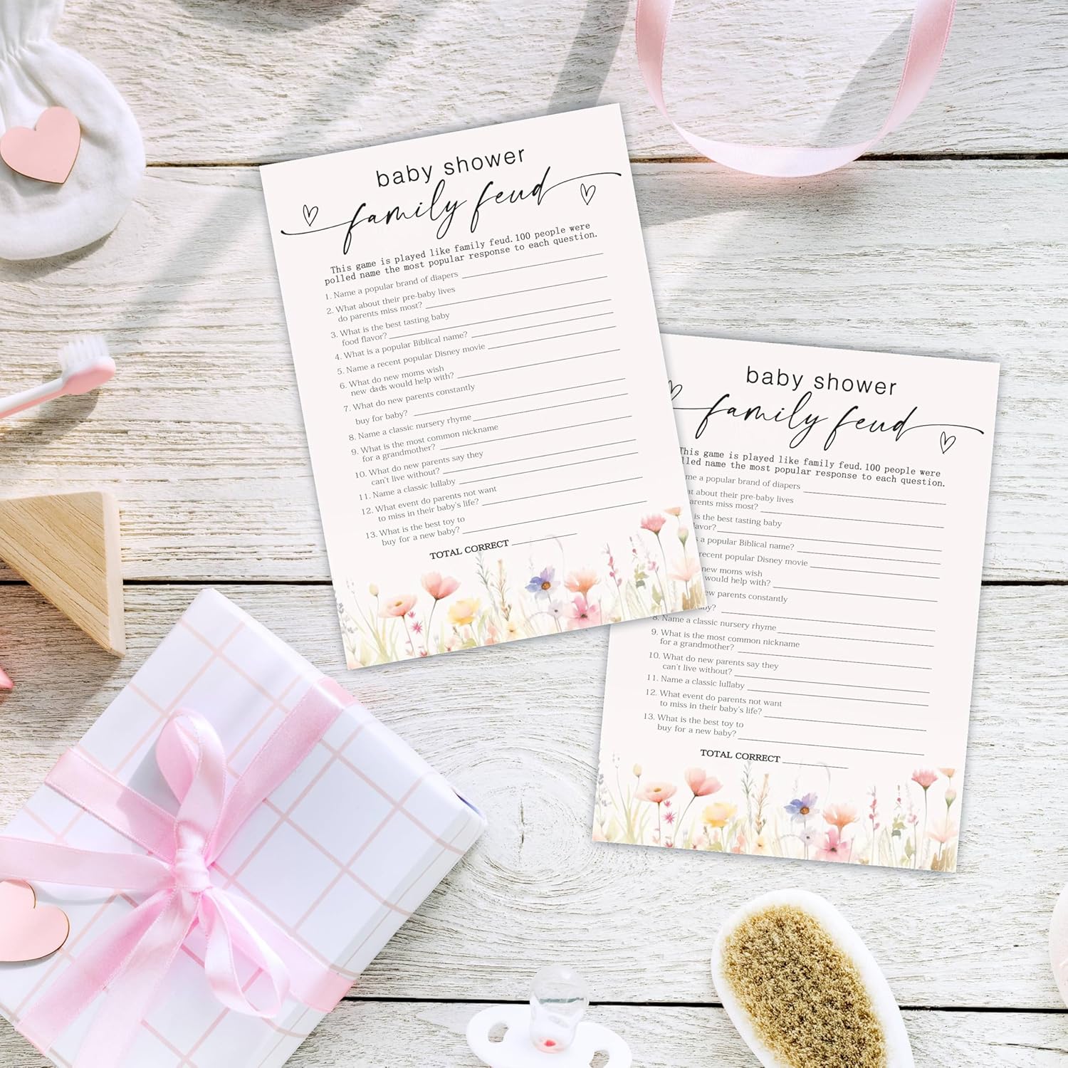 5X7 Inch Baby Shower Game Cards With Answer Card- 50 Pack Baby Family Feud - Pink Floral Watercolor Design For Girls, Funny Gender Reveal Party Favor,Party Game & Activities (A06)