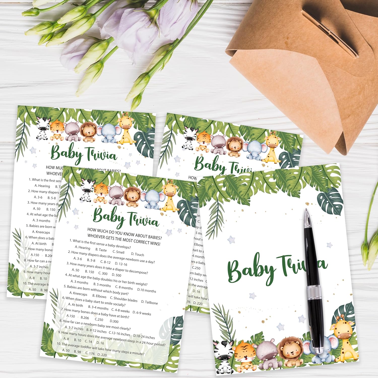 Safari Animals Baby Shower Games Cards, Baby Trivia Game Cards For New Parents Babyshower Activity, Wildlife Gender Reveal Party Games For Decorations Favors Supplies, Set Of 25-03
