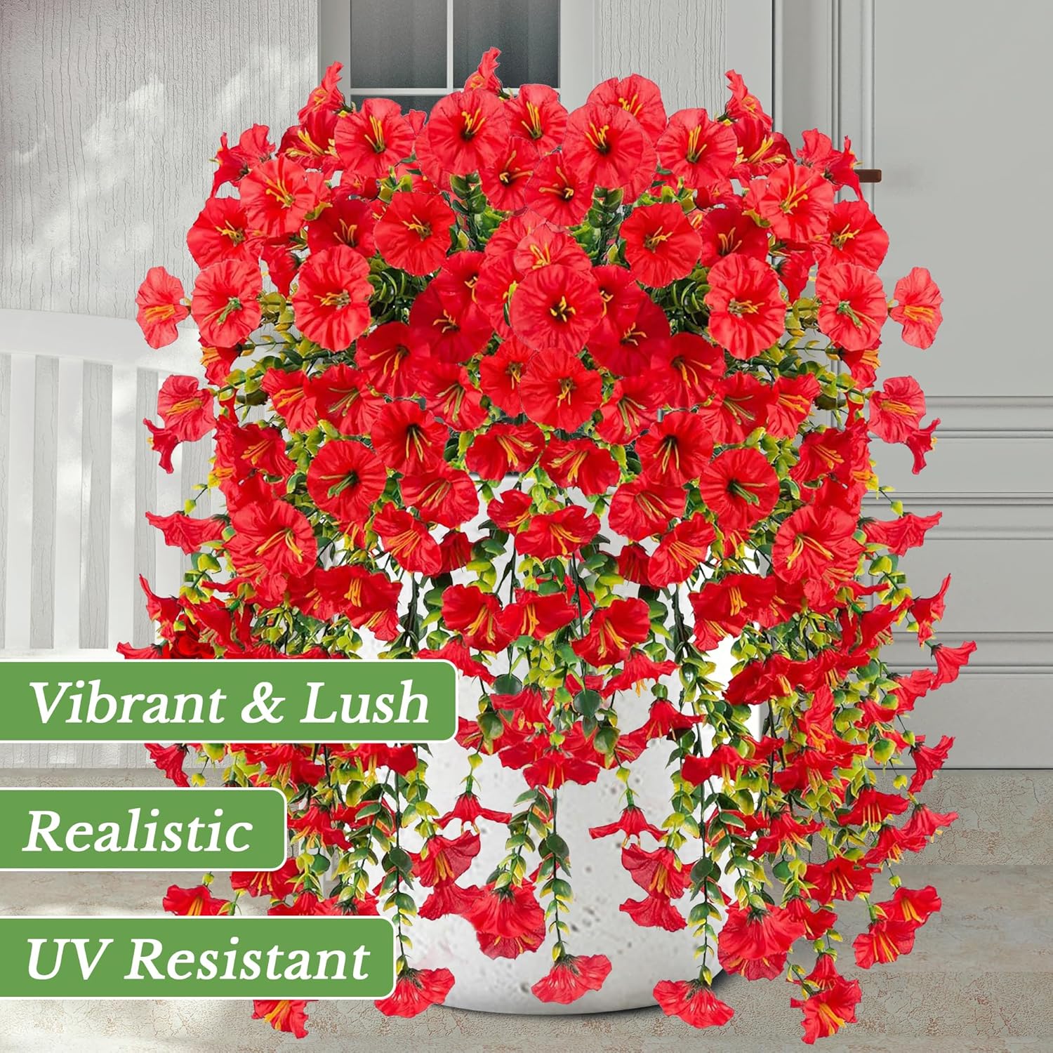 4 Pcs Fake Hanging Plants Artificial Flowers For Outdoors, Silk Petunia Faux Flowers Look Real Trailing Vines Uv Resistant Faux Plants For Home Planter Porch Patio(4 Red)